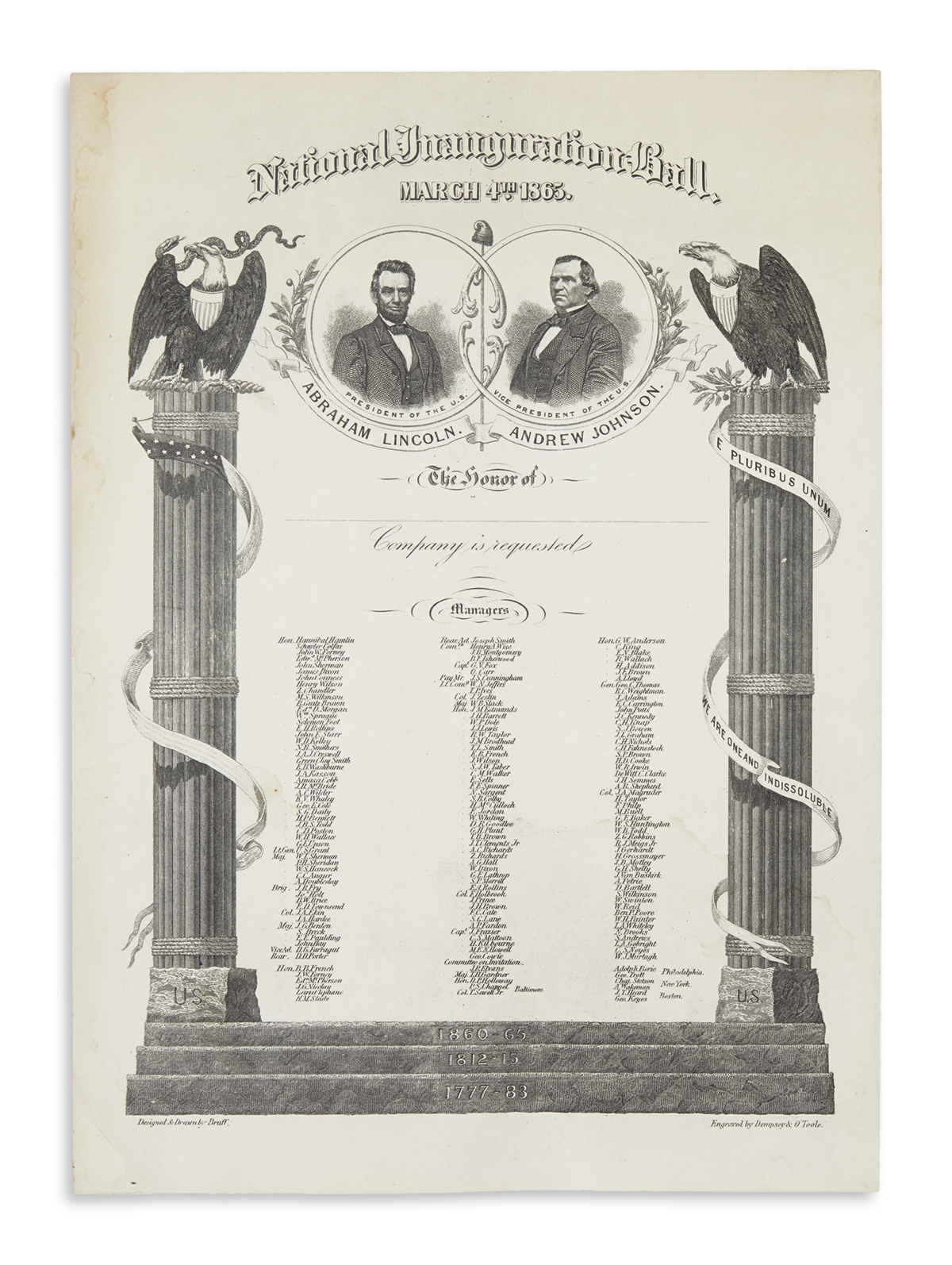 (LINCOLN, ABRAHAM.) DEMPSEY & OTOOLE, ENGRAVERS; AFTER BRUFF. Invitation to Lincolns second National Inauguration Ball.
